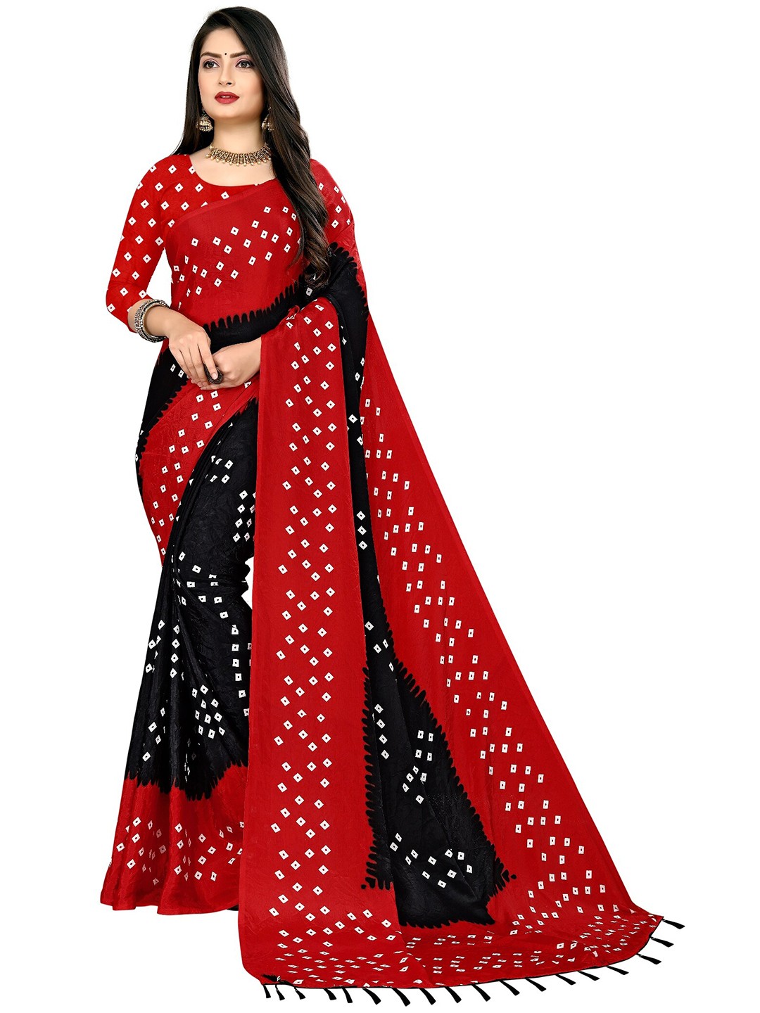 

LAHEJA Black & Red Bandhani Printed Ploy Silk Saree