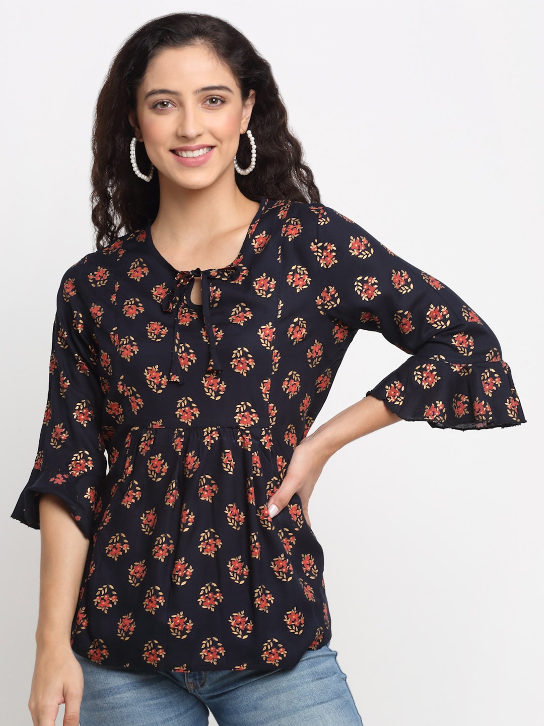 

KALINI Navy Blue Floral Print Tie-Up Neck Top