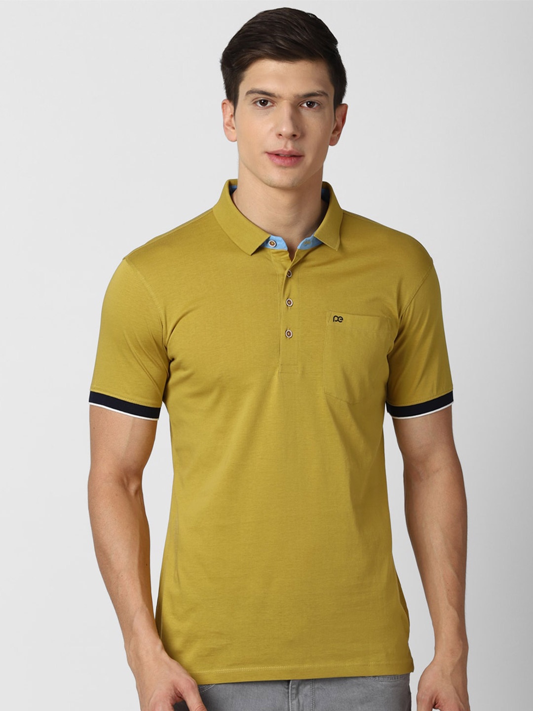 

Peter England Casuals Men Yellow Solid Cotton Polo Collar Slim Fit T-shirt