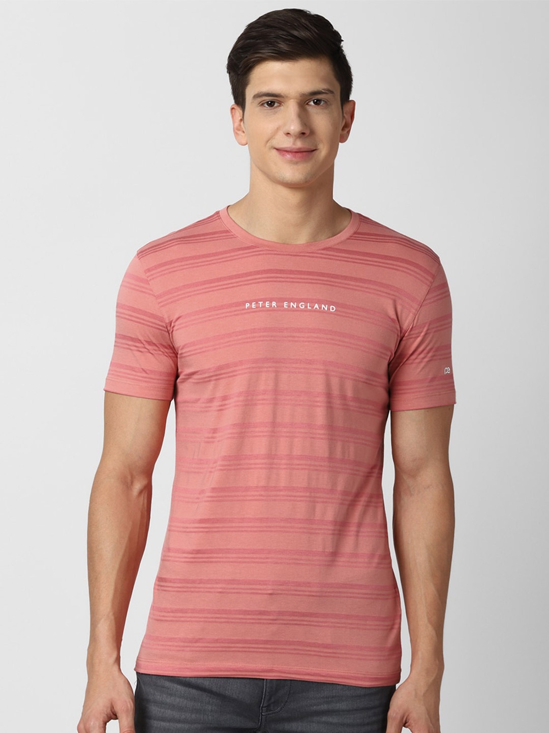 

Peter England Casuals Men Pink Striped Cotton Slim Fit T-shirt