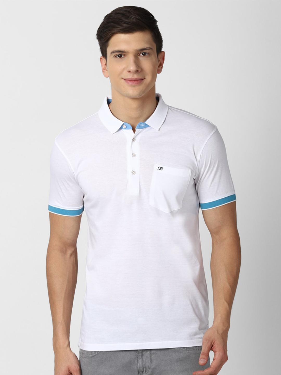 

Peter England Casuals Men White Solid Cotton Polo Collar Slim Fit T-shirt
