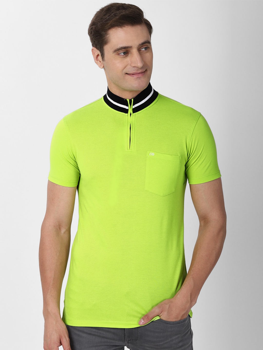 

Peter England Casuals Men Fluorescent Green Solid Cotton High Neck Slim Fit T-shirt