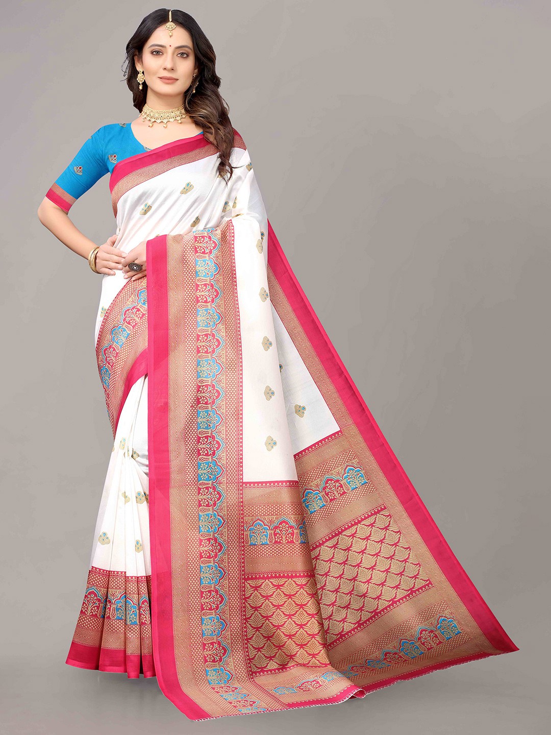 

KALINI Off White & Pink Ethnic Motifs Printed Art Silk Saree