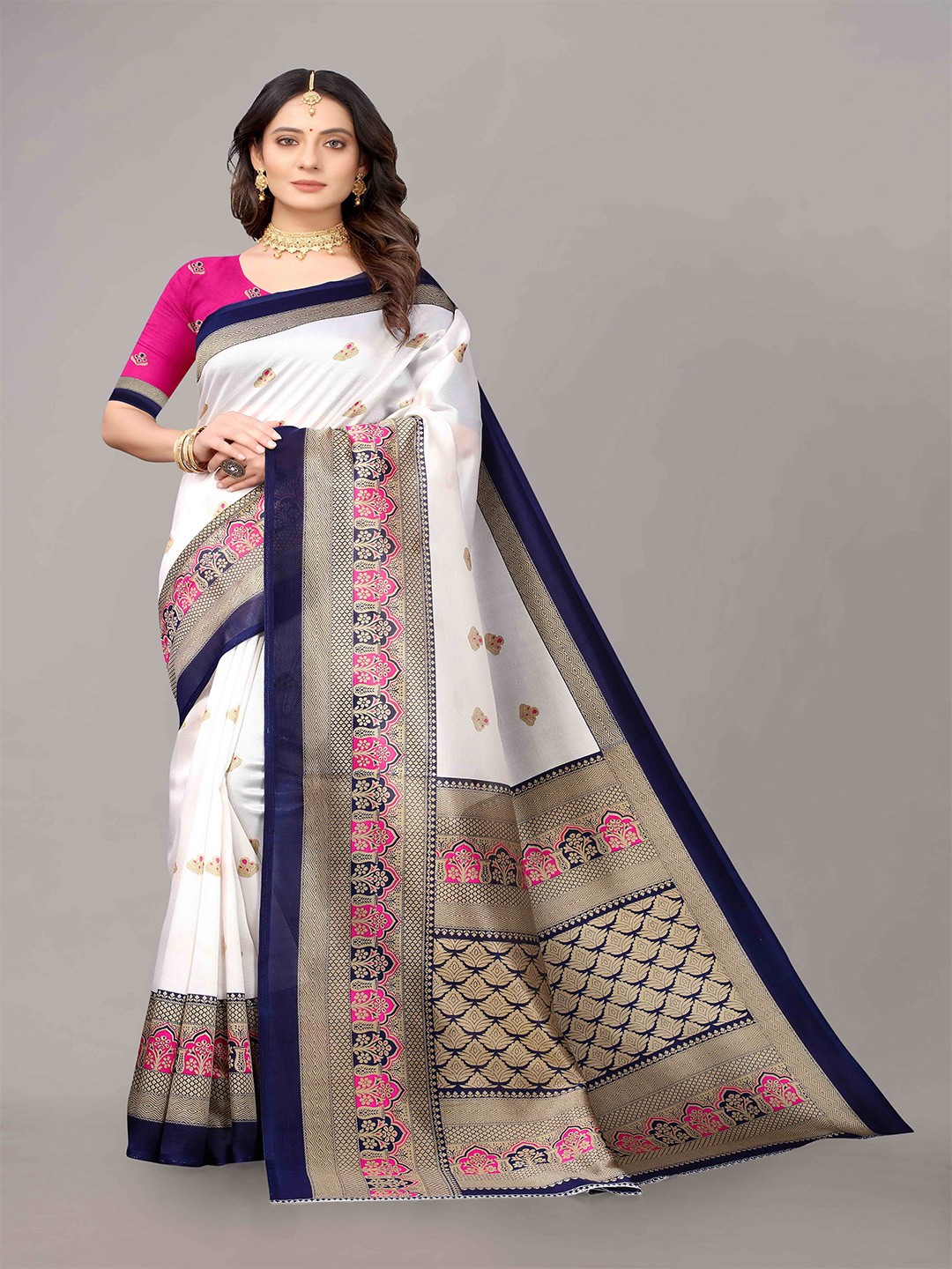 

KALINI Off White & Navy Blue Ethnic Motifs Art Silk Saree