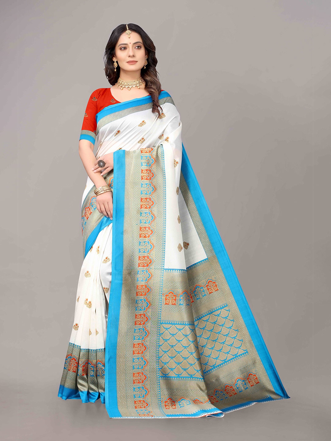 

KALINI Off White & Blue Ethnic Motifs Art Silk Saree