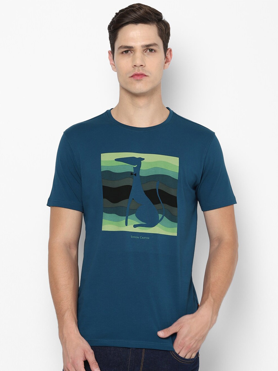 

SIMON CARTER LONDON Men Blue Printed Cotton Slim Fit T-shirt