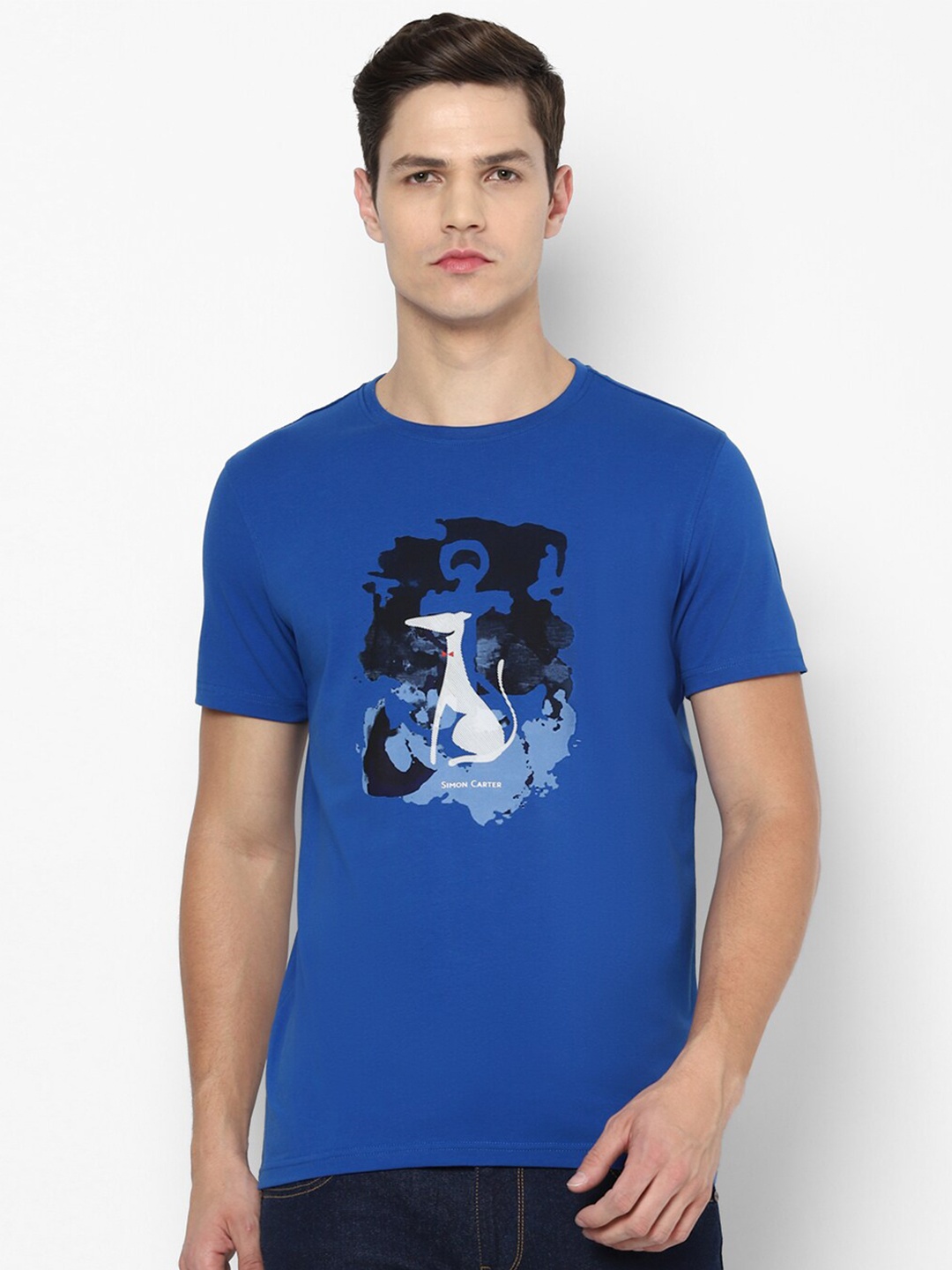 

SIMON CARTER LONDON Men Blue Printed Cotton Slim Fit T-shirt