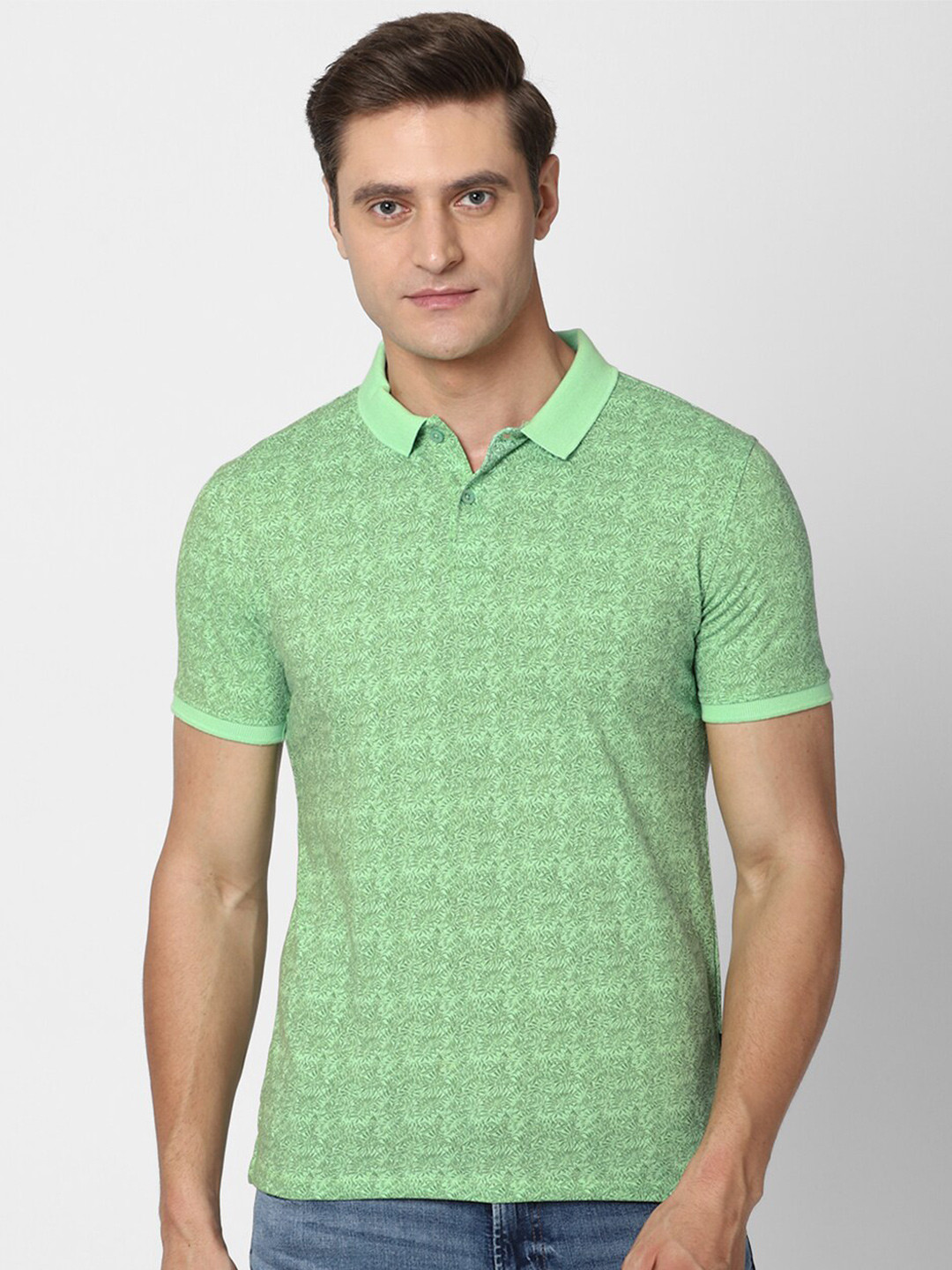 

V Dot Men Green Printed Cotton Polo Collar Slim Fit T-shirt