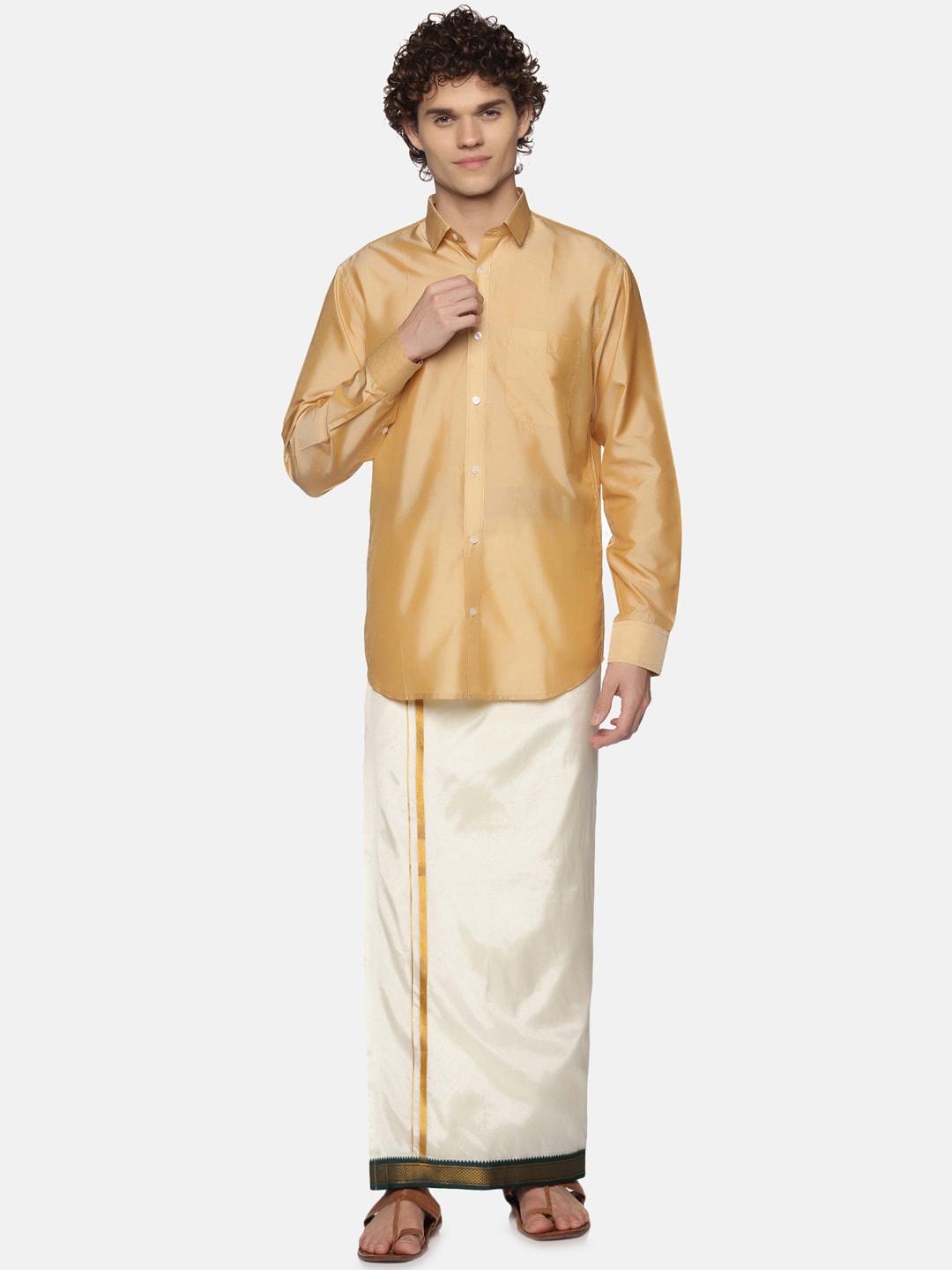 

Sethukrishna Men Cream Solid Double Layer Readymade Veshti With Pocket