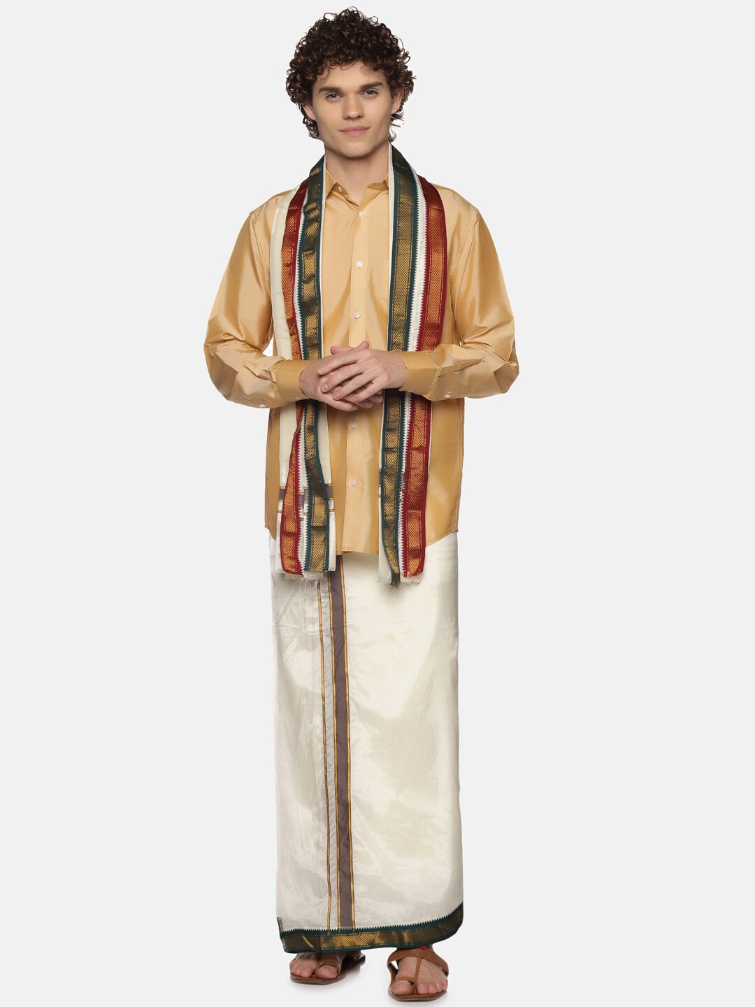 

Sethukrishna Men Cream-Coloured Solid Art Silk Dhoti