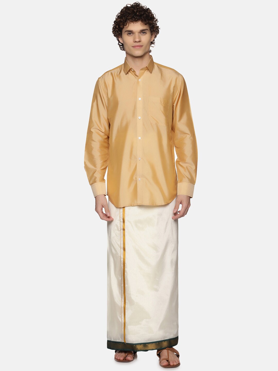 

Sethukrishna Men Cream-Coloured & Gold-Coloured Solid Art Silk Dhoti