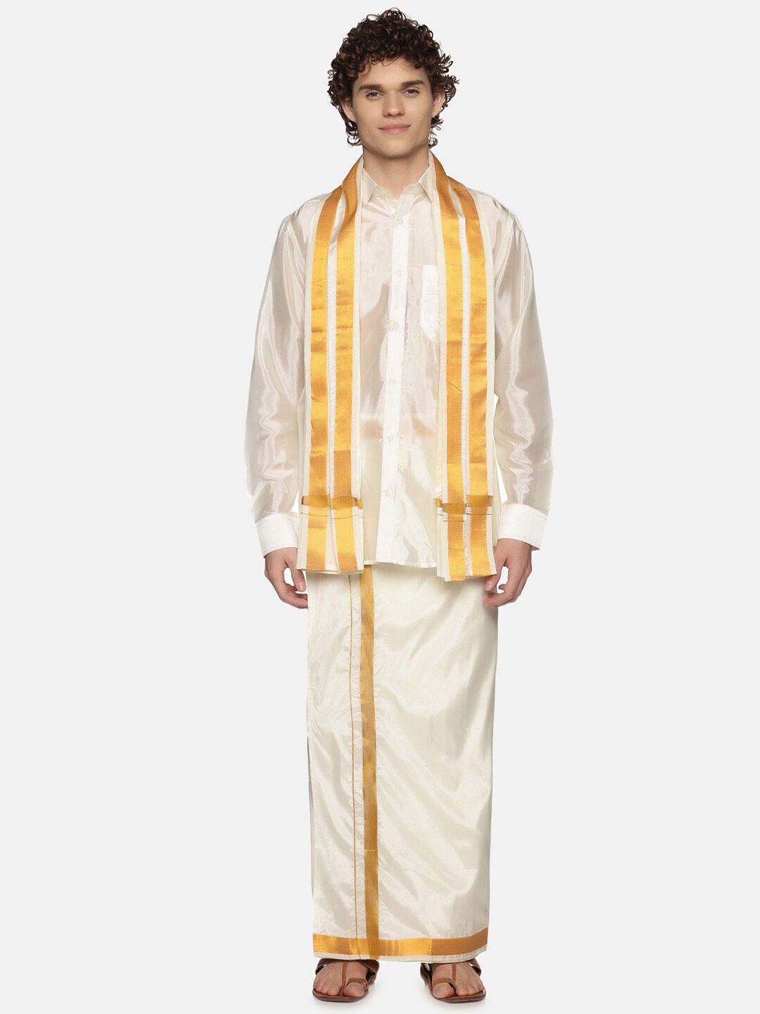 

Sethukrishna Men Cream Double Layer Readymade Art Silk Dhoti With Pocket