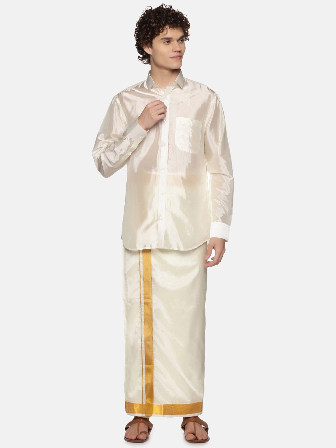 

Sethukrishna Men Cream Art Silk Gold Zari Border Dhoti