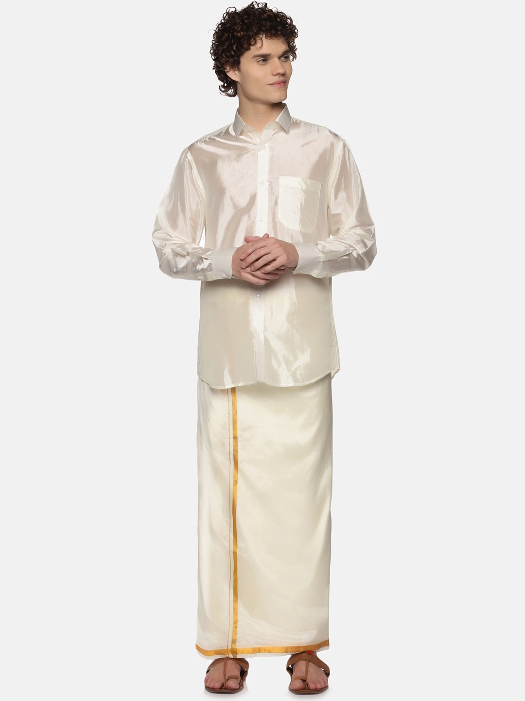 

Sethukrishna Men Cream-Coloured Solid Art Silk Dhoti