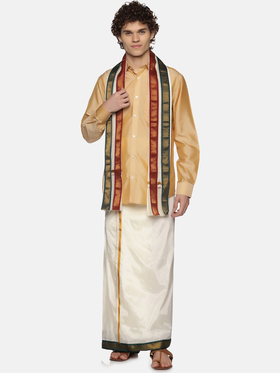 

Sethukrishna Men Cream-Coloured Solid Art Silk Dhoti