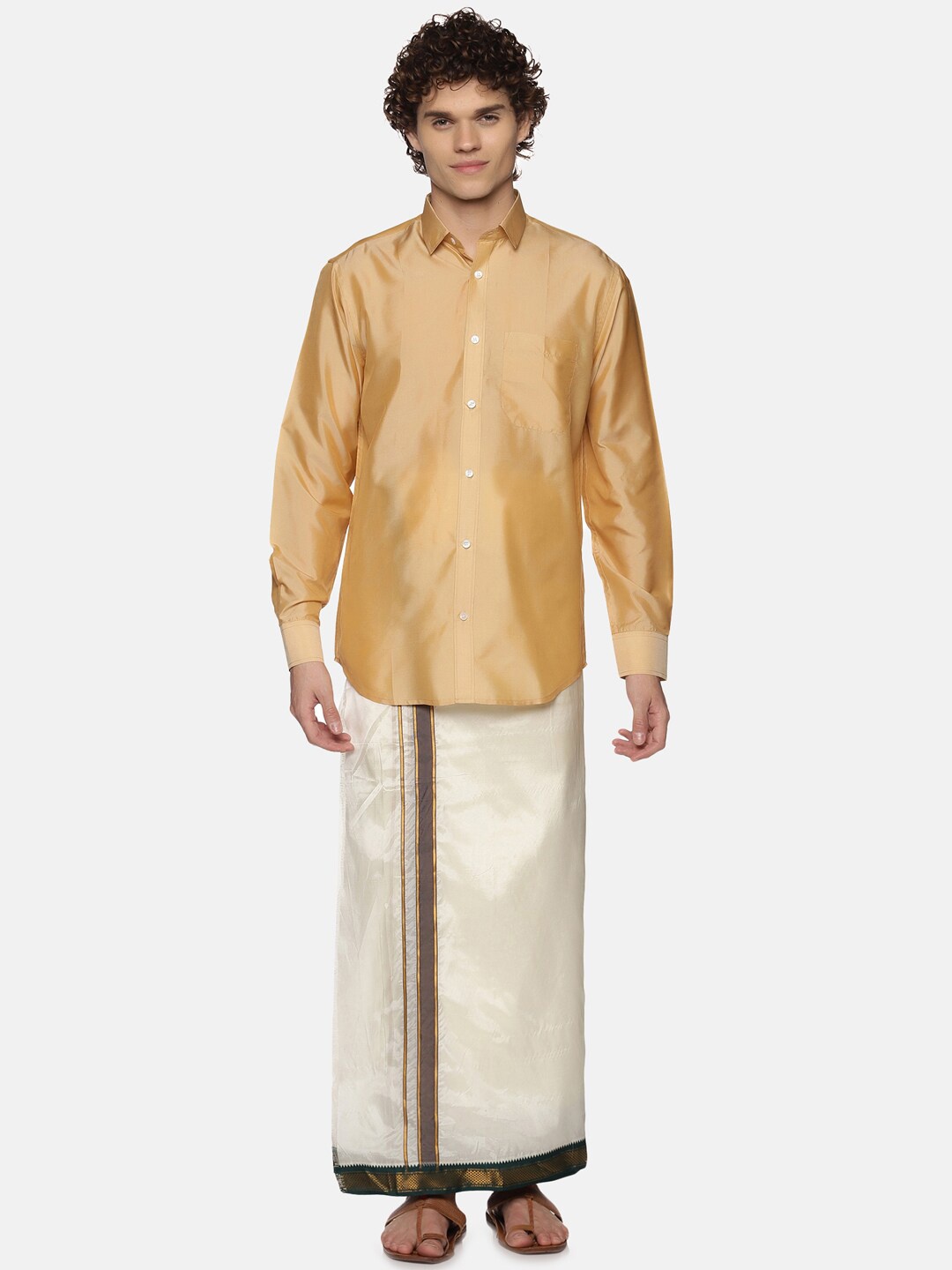 

Sethukrishna Men Off White Solid Art Silk Dhotis, Cream