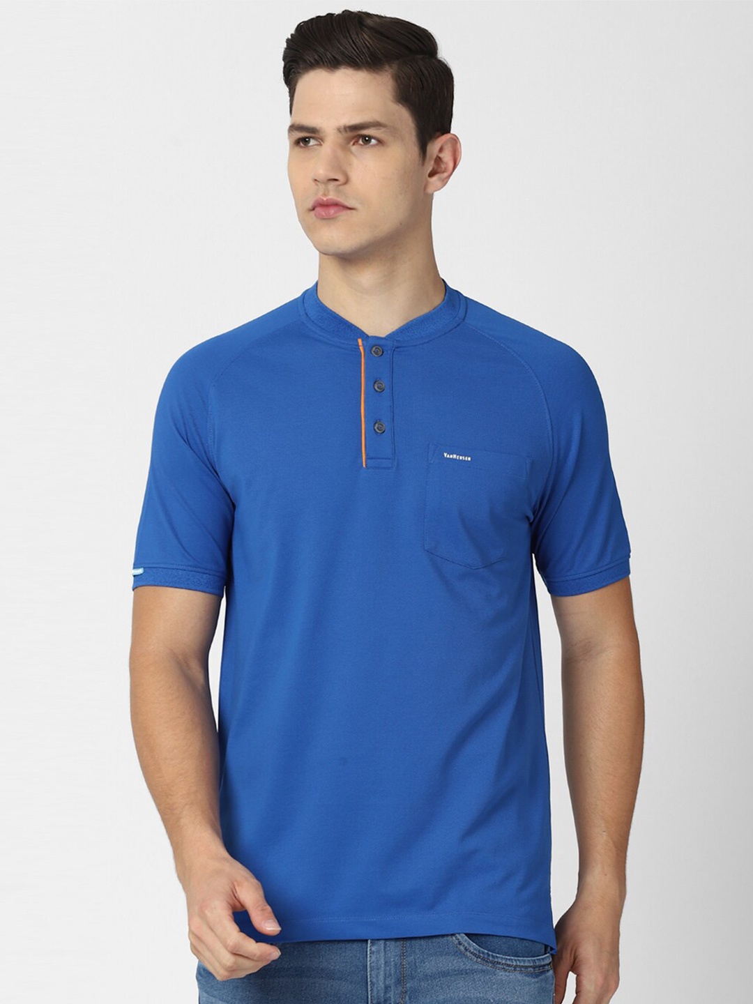 

Van Heusen Men Blue Solid Cotton Henley Neck T-shirt