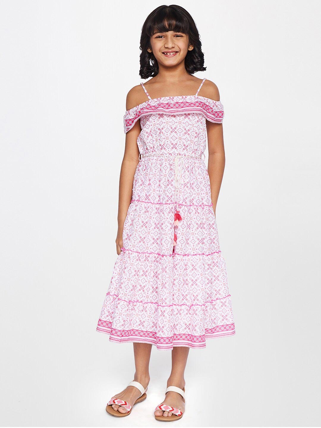 

Global Desi Kids-Girls Pink Chiffon Midi Dress