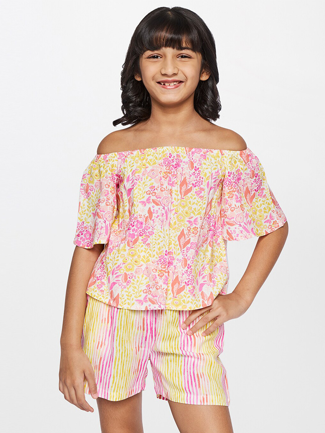 

Global Desi Girls Pink & Yellow Printed Top with Shorts