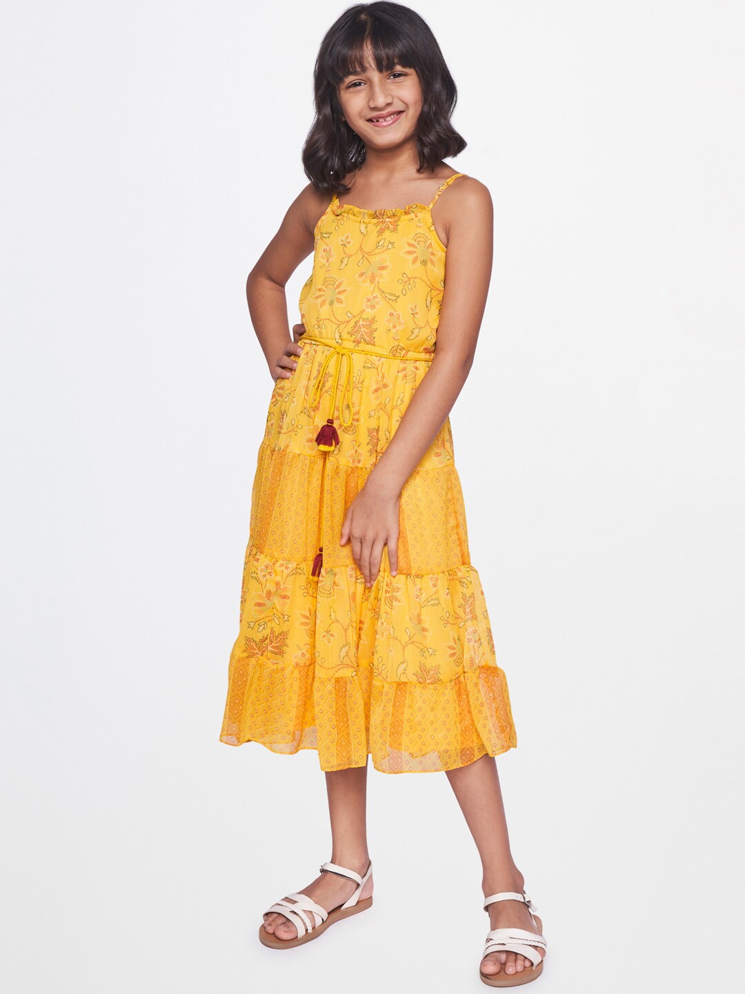 

Global Desi Mustard Yellow Floral Chiffon A-Line Midi Dress