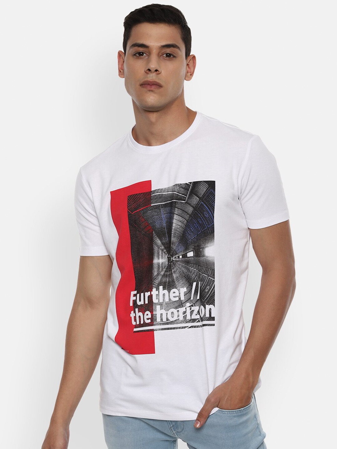 

VAN HEUSEN DENIM LABS Men White Printed Cotton T-shirt