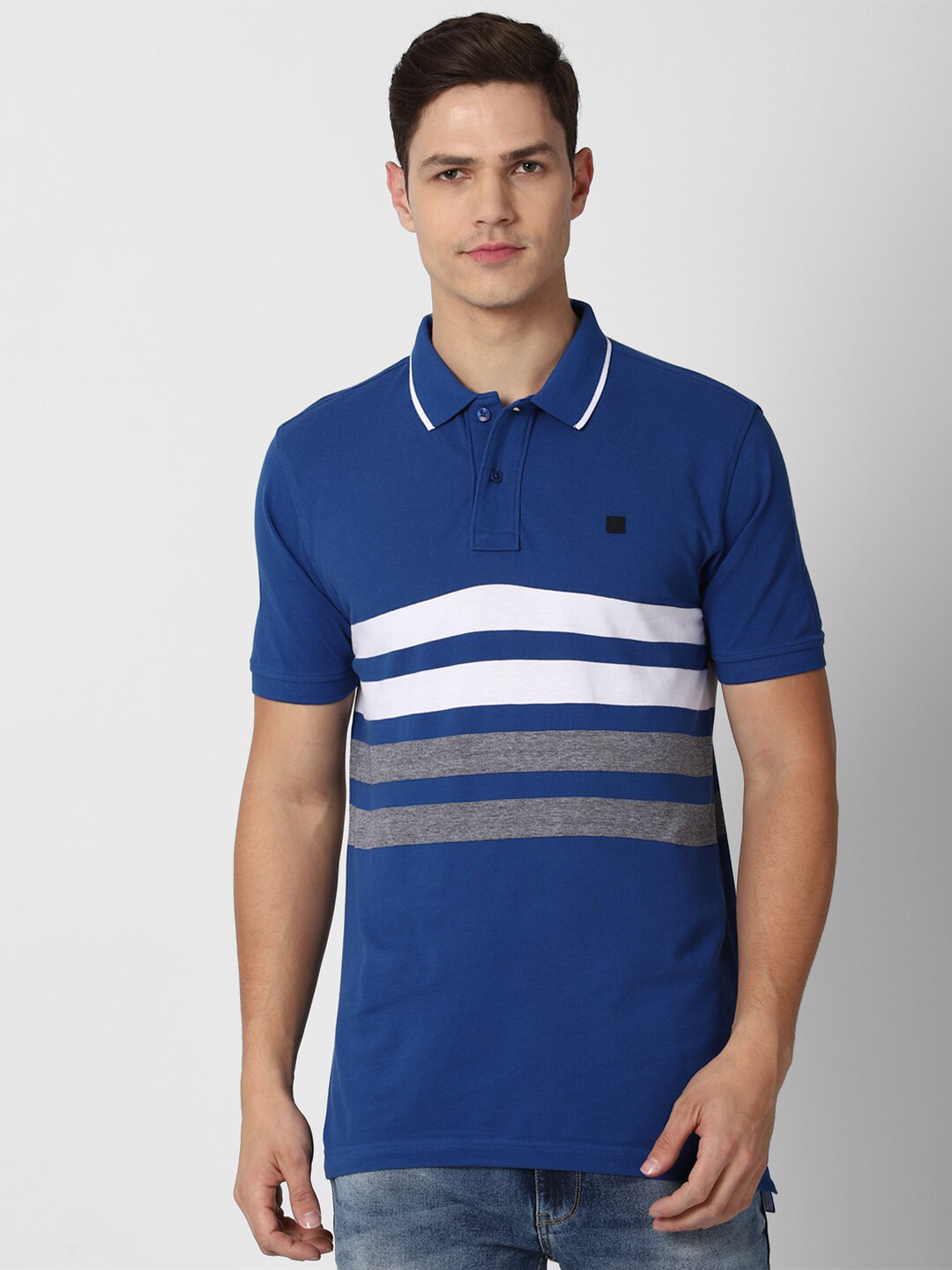 

Van Heusen Sport Men Blue Striped Cotton Polo Collar T-shirt