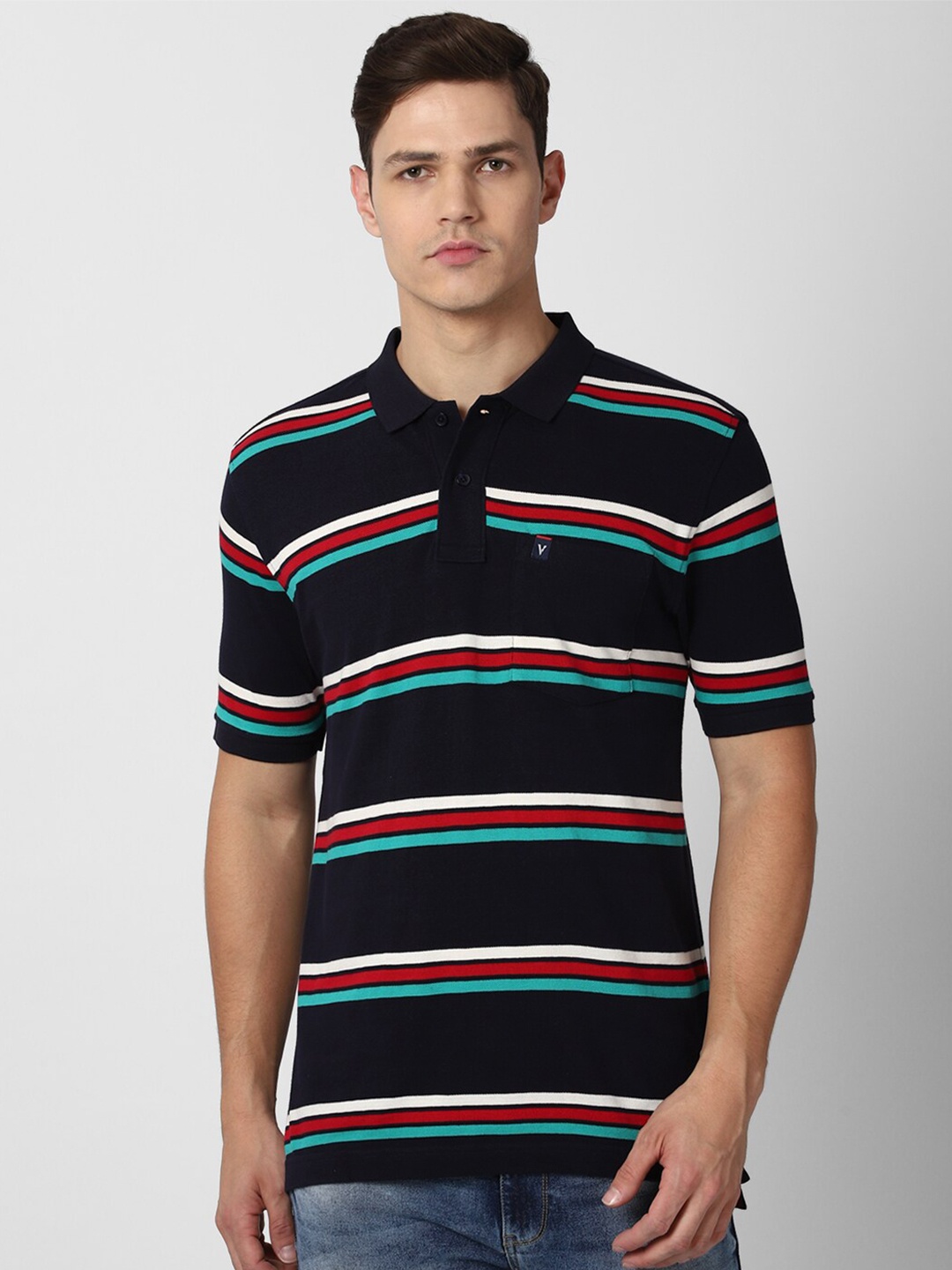 

Van Heusen Sport Men Navy Blue Striped Cotton Polo Collar T-shirt