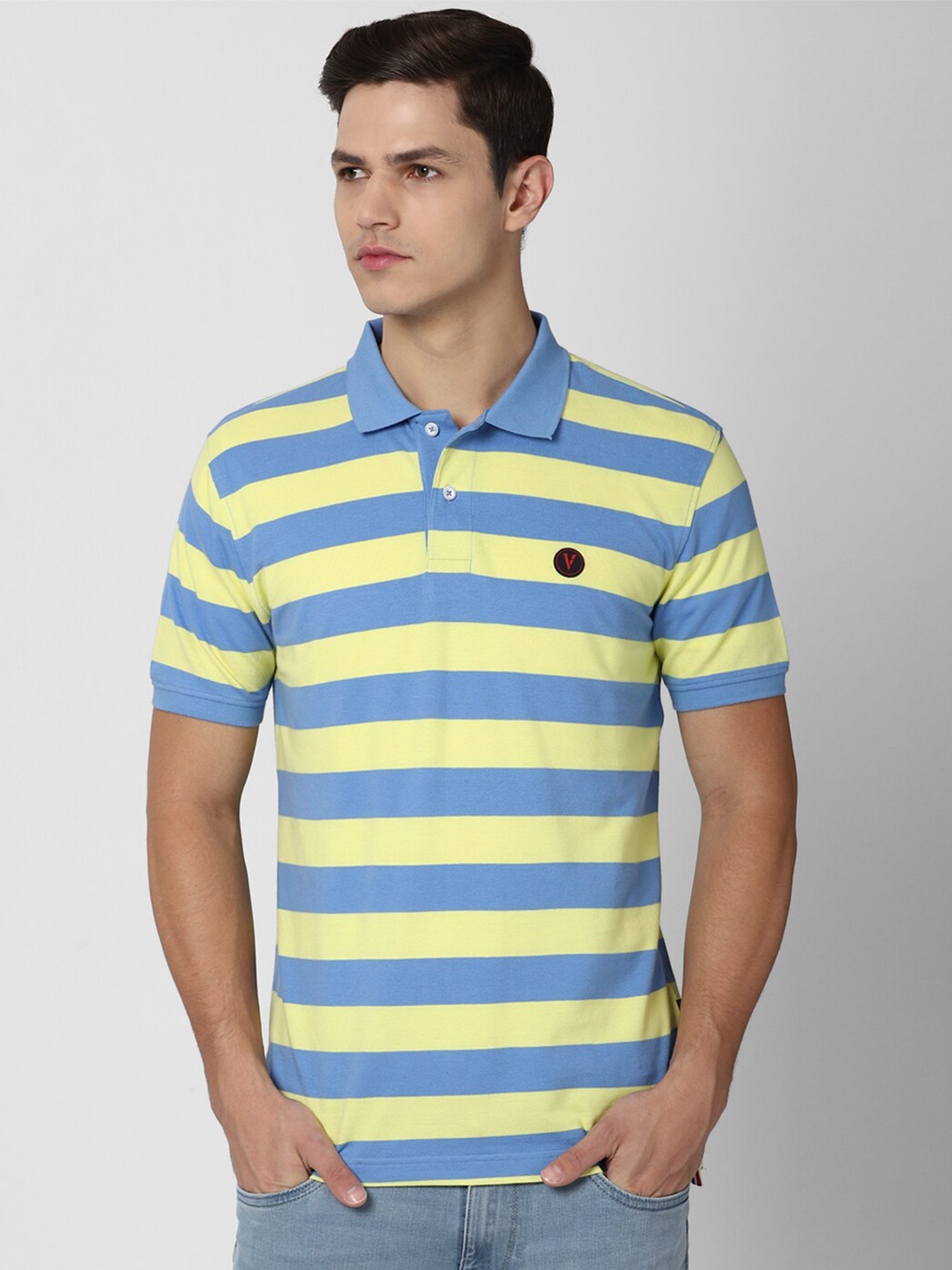 

Van Heusen Sport Men Yellow & Blue Striped Cotton Polo Collar T-shirt