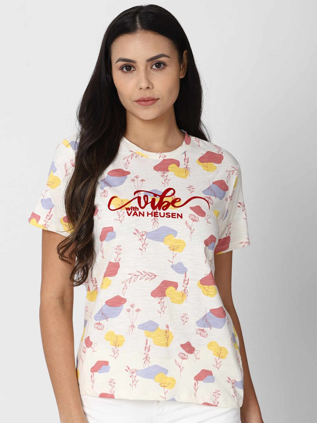 

Van Heusen Woman Off White & Yellow Printed Cotton T-shirt