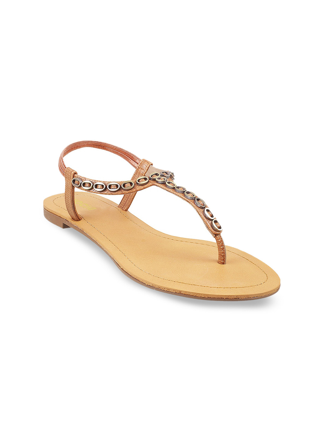 

Mochi Women Tan Embellished T-Strap Flats