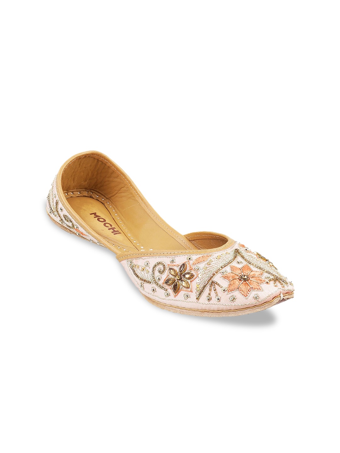 

Mochi Women Peach-Coloured Embellished Leather Mojaris Flats