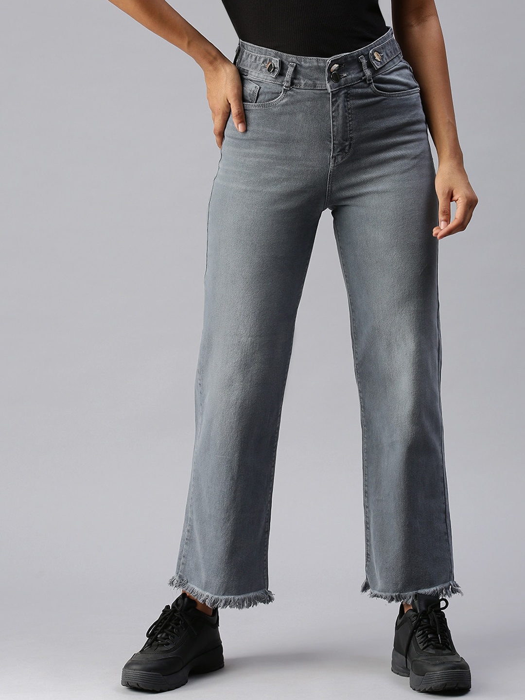 

SHOWOFF Women Grey Wide Leg High-Rise Heavy Fade Stretchable Jeans