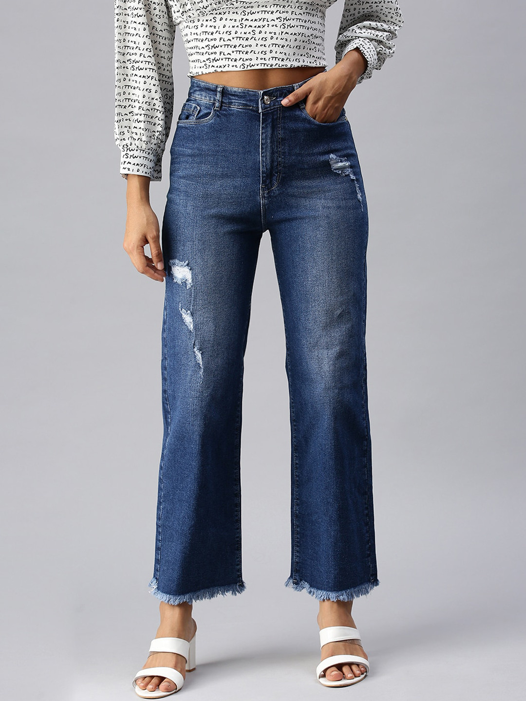 

SHOWOFF Women Blue Wide Leg High-Rise Mildly Distressed Light Fade Stretchable Jeans