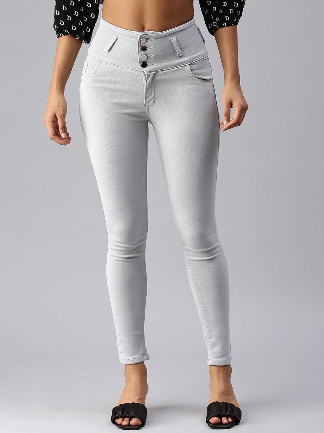 

SHOWOFF Women Grey Slim Fit High-Rise Clean Look Stretchable Denim Cropped Jeans