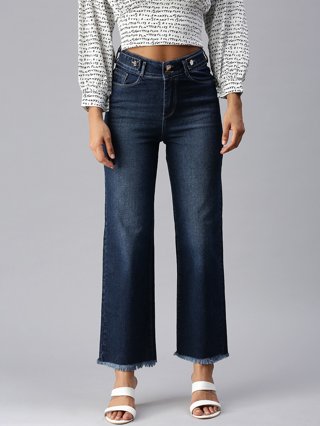

SHOWOFF Women Blue Wide Leg High-Rise Light Fade Cropped Stretchable Denim Jeans