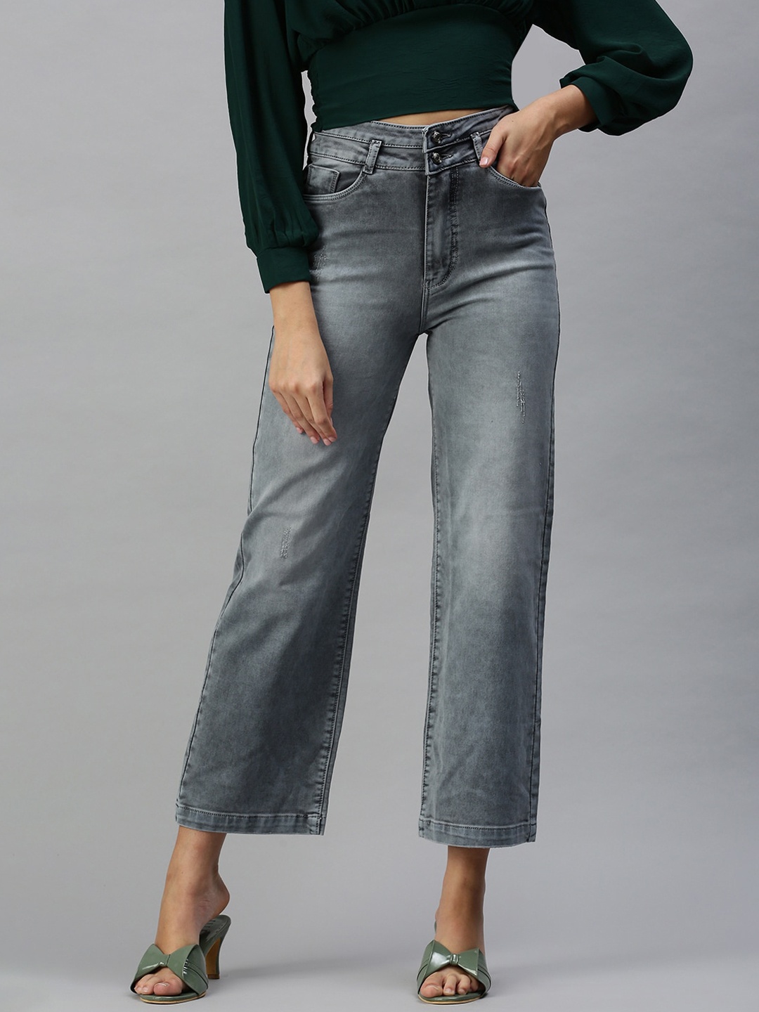 

SHOWOFF Women Grey Wide Leg High-Rise Heavy Fade Stretchable Jeans