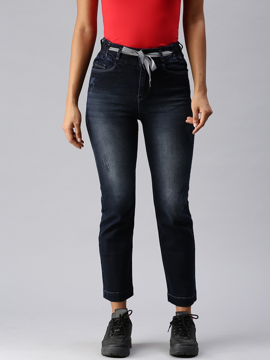

SHOWOFF Women Navy Blue Relaxed Fit High-Rise Low Distress Light Fade Stretchable Jeans