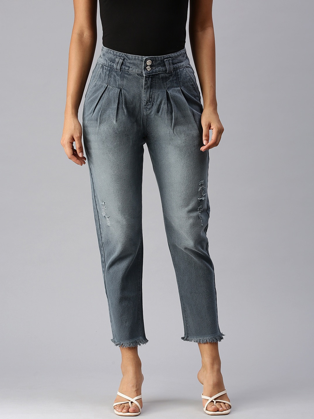 

SHOWOFF Women Grey Straight Fit High-Rise Low Distress Heavy Fade Stretchable Jeans