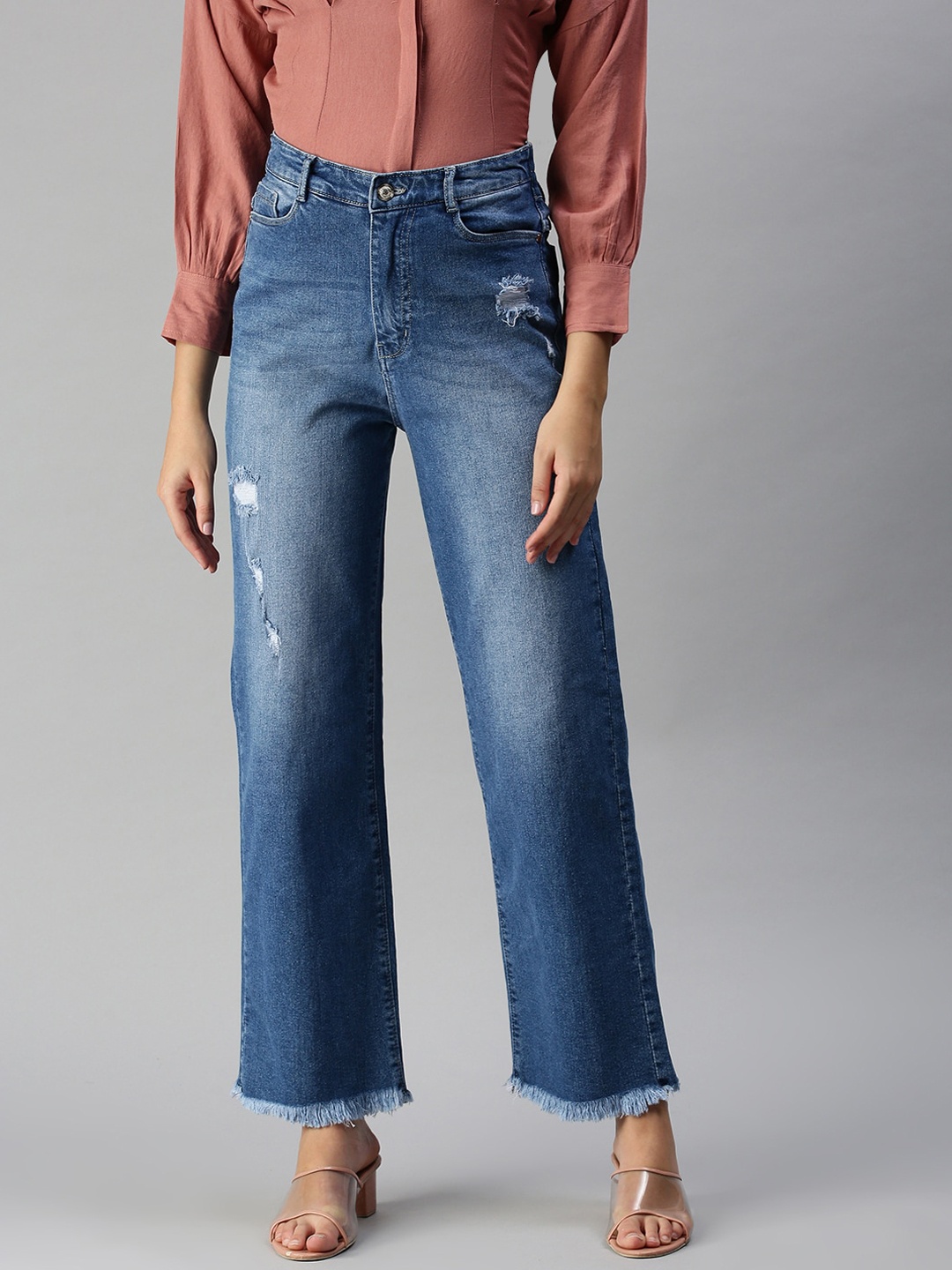 

SHOWOFF Women Blue Wide Leg High-Rise Low Distress Light Fade Stretchable Jeans