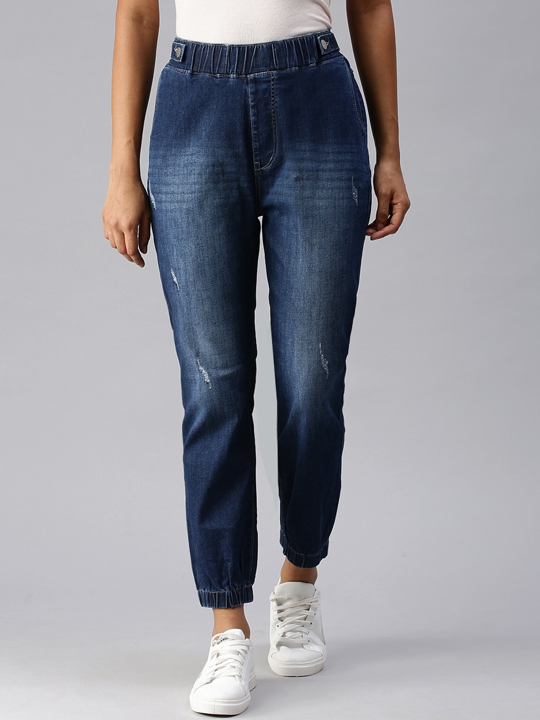 

SHOWOFF Women Blue Jogger High-Rise Low Distress Light Fade Cuffed Hem Stretchable Jeans