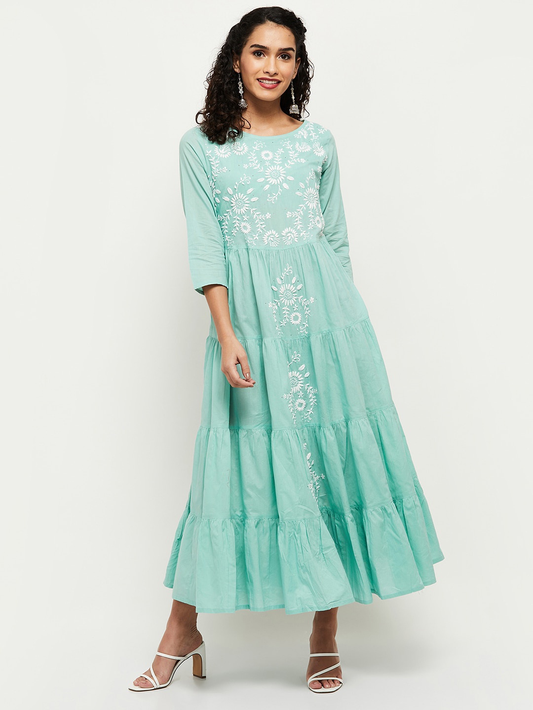 

max Women Green Floral Embroidered Maxi Dress