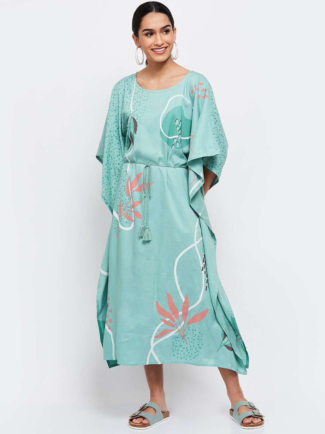 

max Green Floral Kaftan Midi Dress