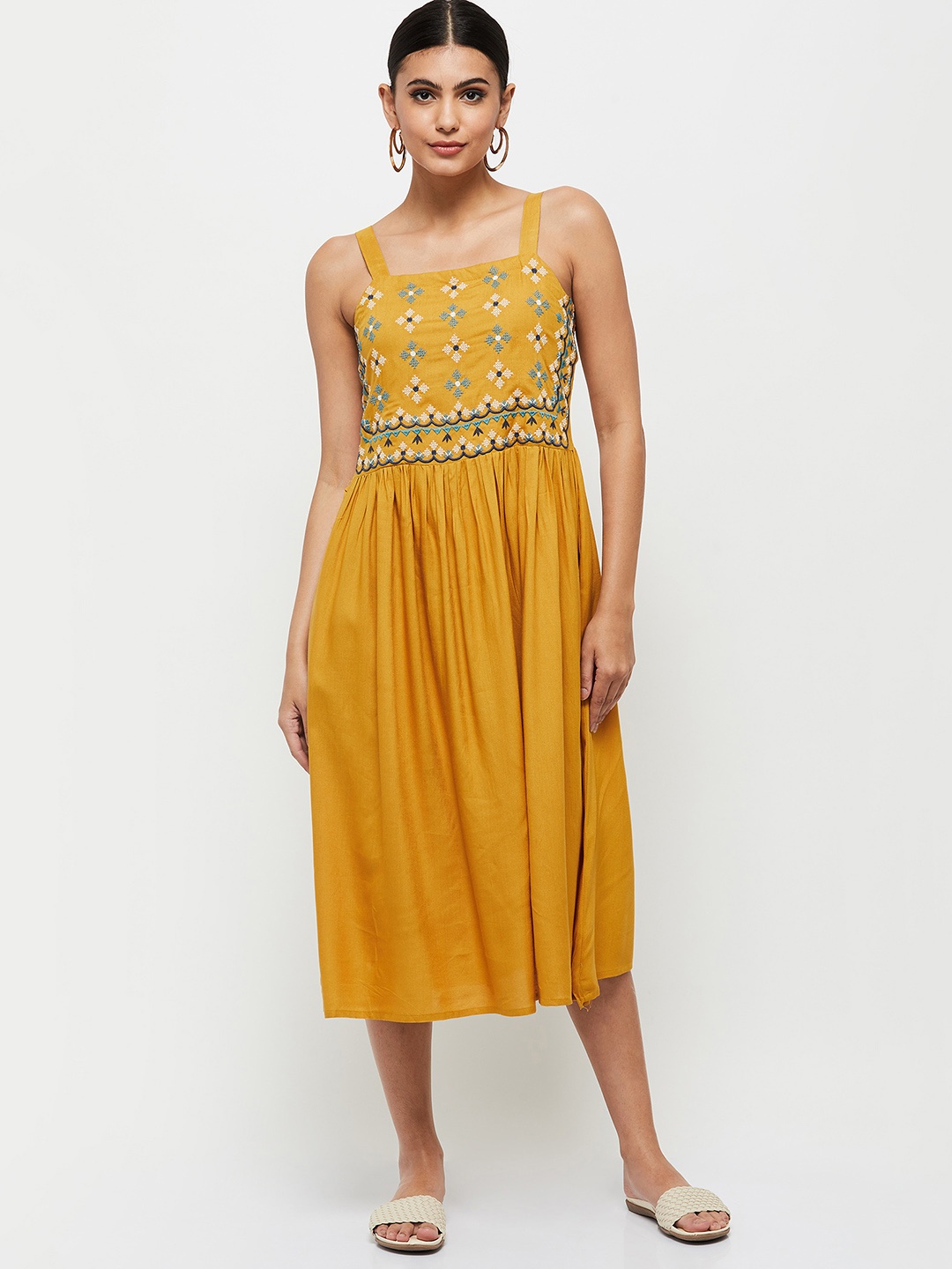 

max Mustard Yellow Floral Midi Dress
