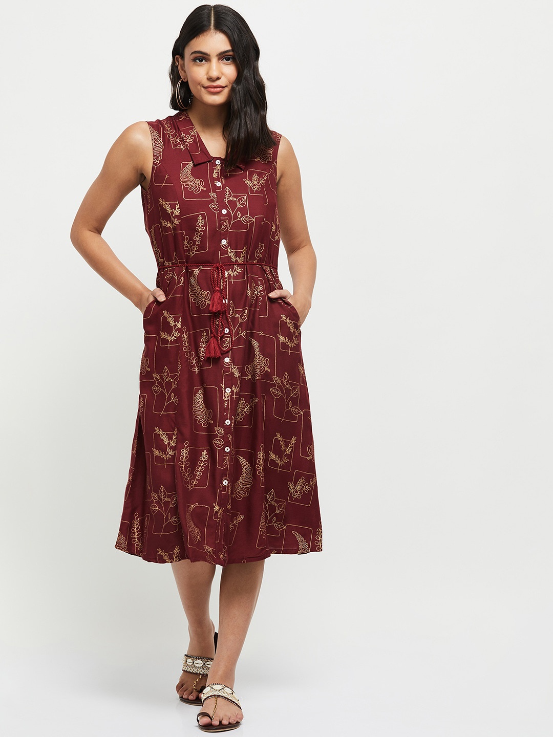 

max Maroon Floral A-Line Midi Dress