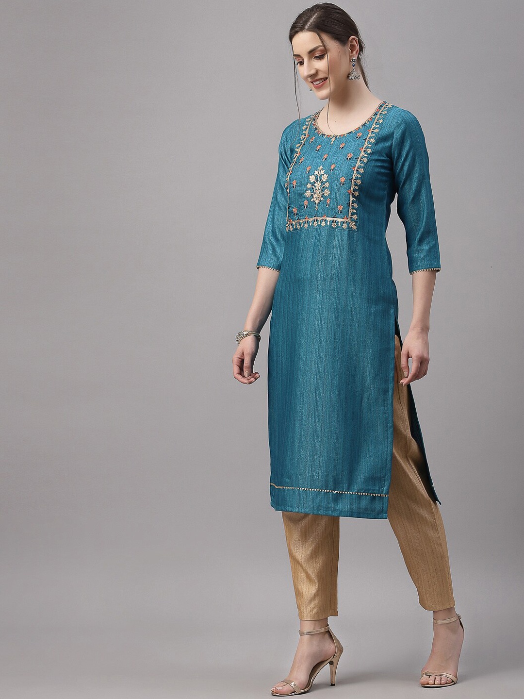 

KALINI Women Teal Floral Thread Work Summer Sheers Kurta