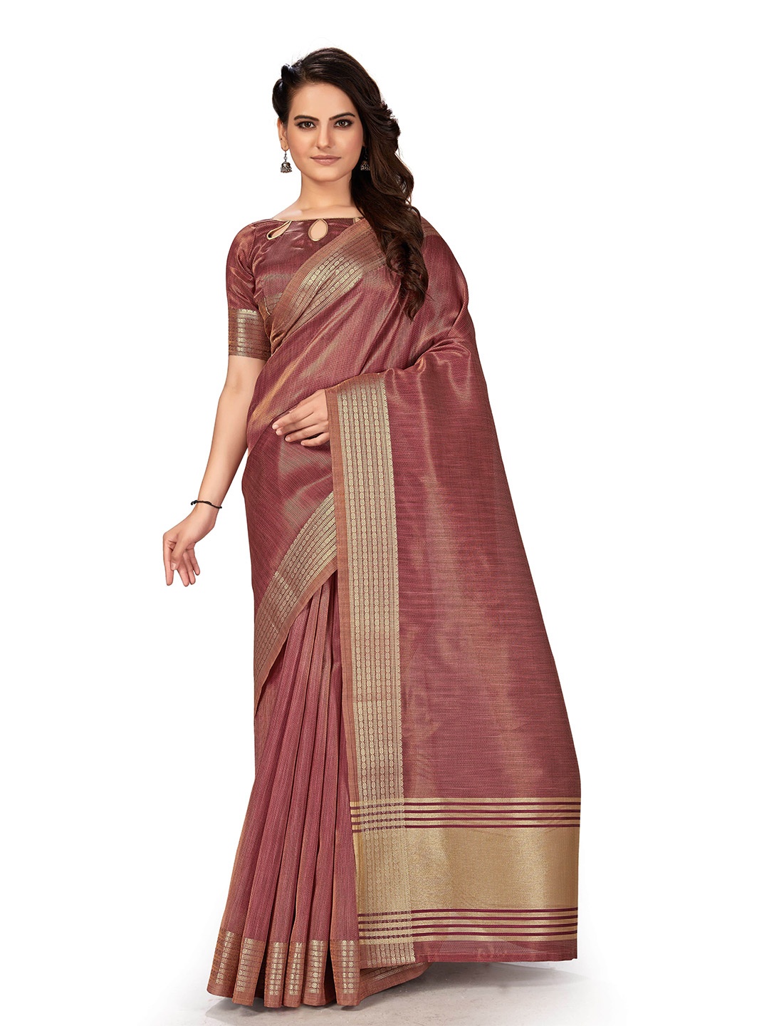 

MANOHARI Maroon & Gold-Toned Woven Design Silk Blend Heavy Work Saree