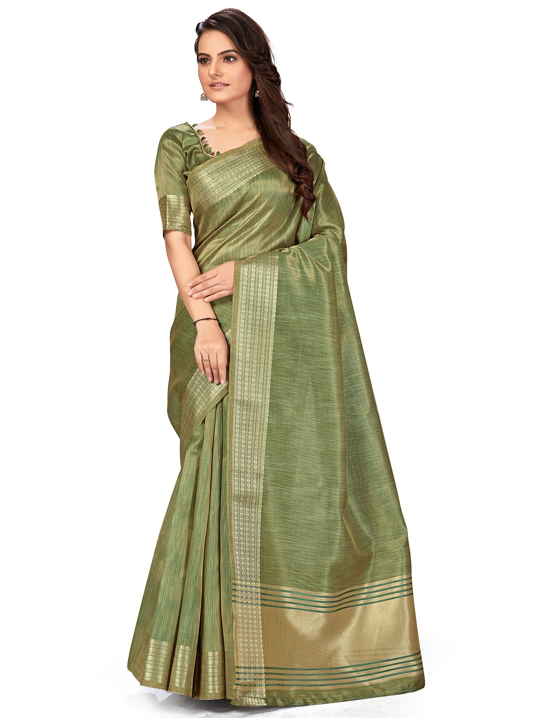 

MANOHARI Green & Gold-Toned Woven Design Silk Blend Heavy Work Saree