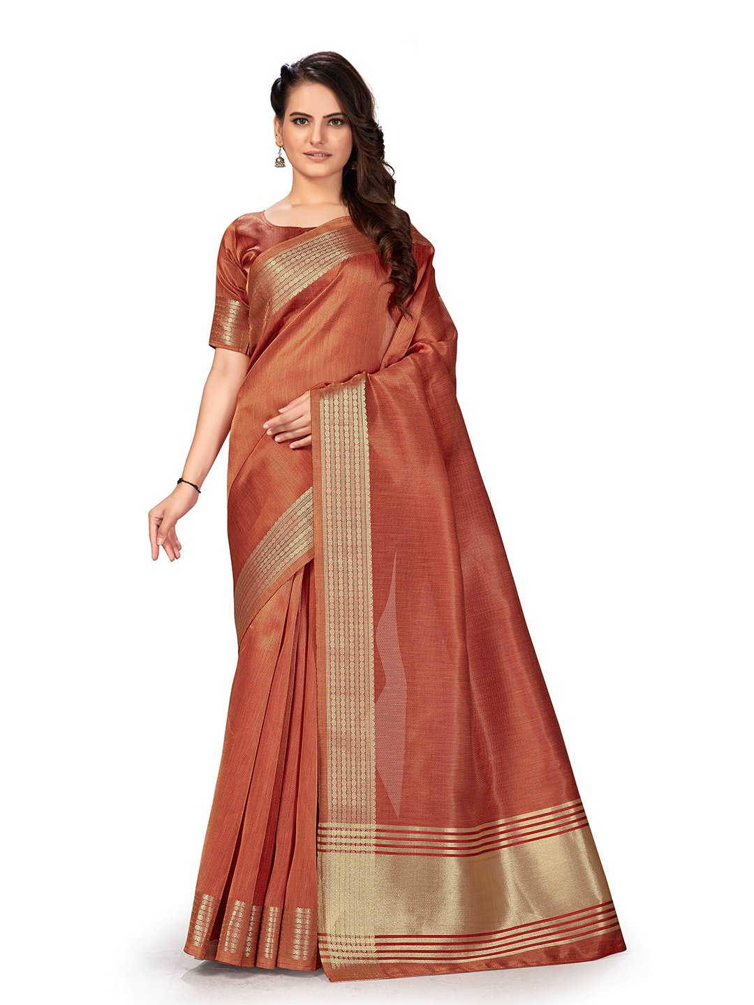 

MANOHARI Rust & Gold-Toned Woven Design Silk Blend Heavy Work Saree