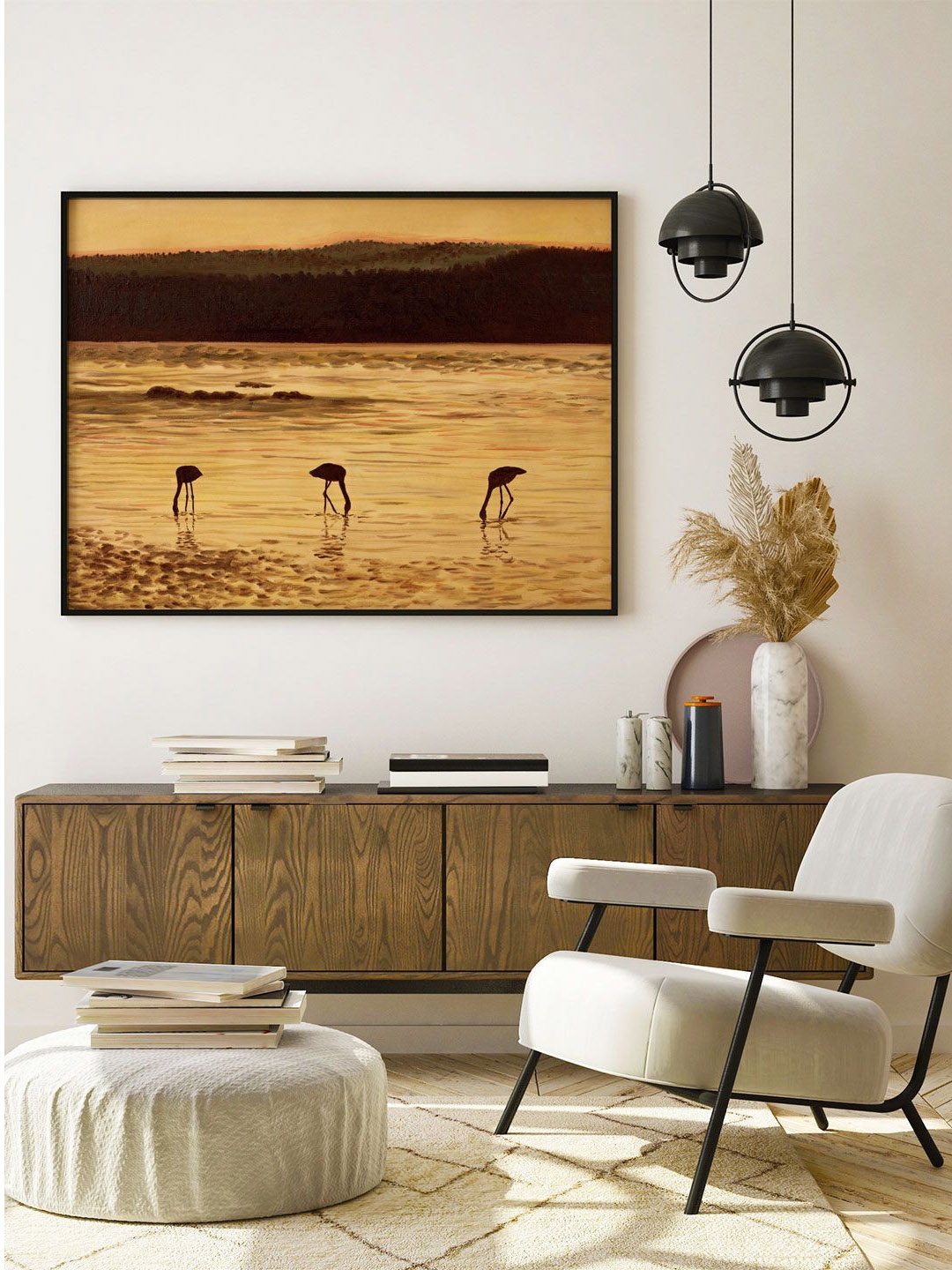 

ARTSPACE Yellow Abstract Flamingos At Sunset Sea & Mountains Wall Painting