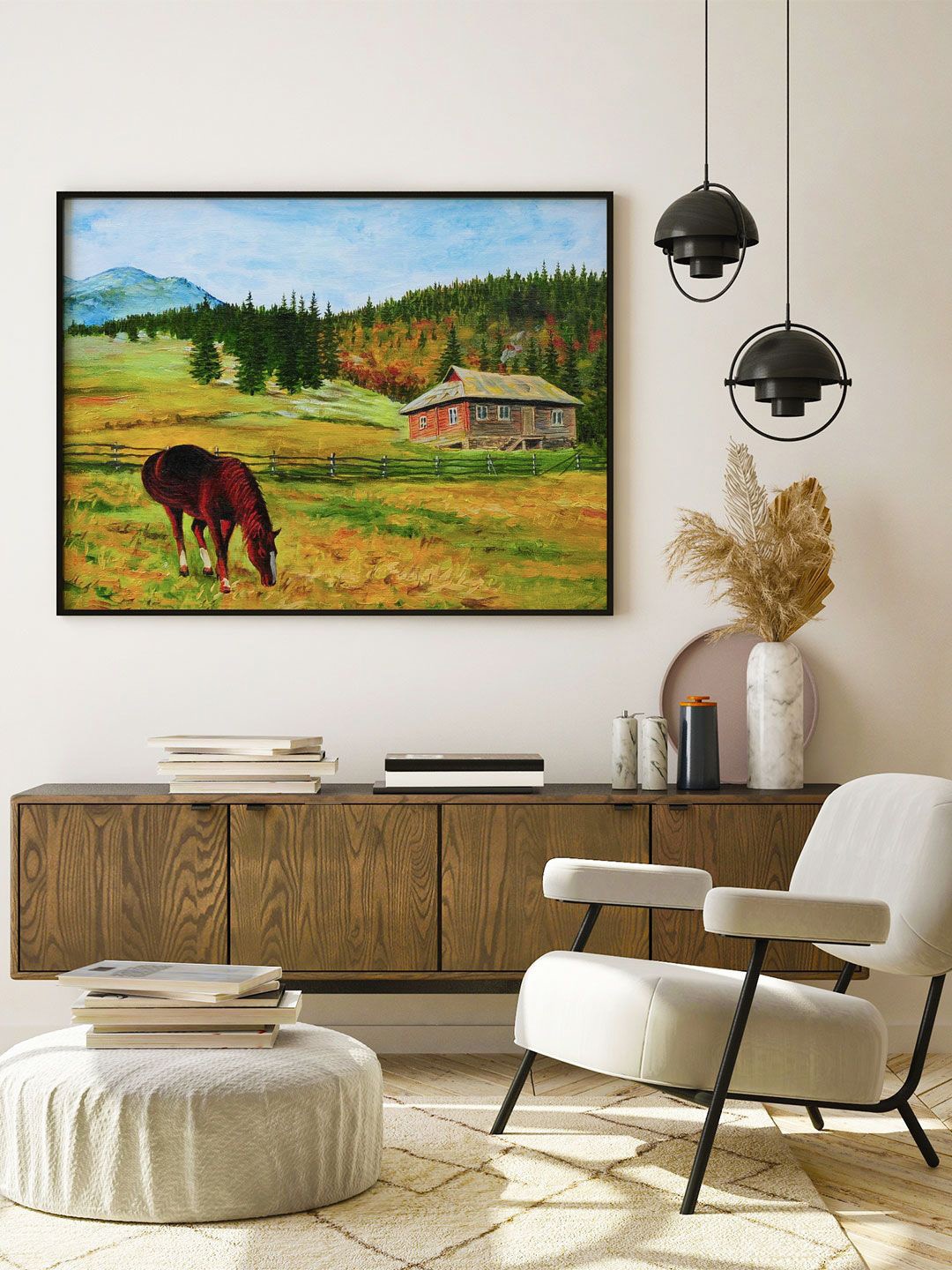 

ARTSPACE Multicolored Landscape Horse Near the House Wall Art, Multi